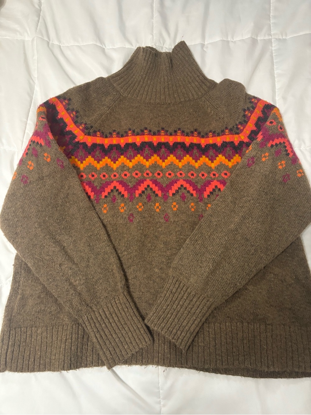 Lou & Grey Brown Turtleneck Sweater with Pink, Orange & Yellow Fair Isle Yoke